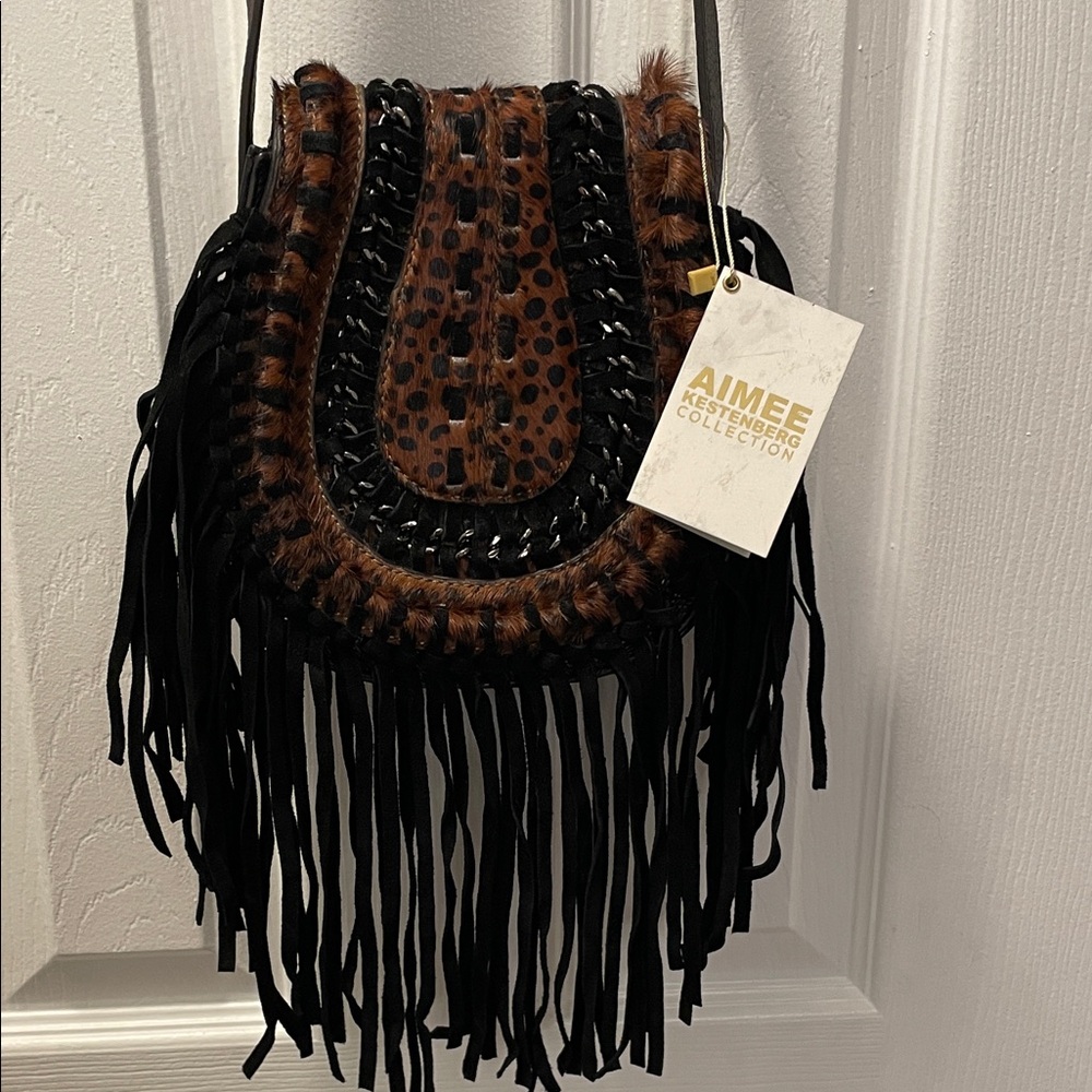 Aimee Kestenberg Leopard and Black Fringe Crossbody Bag